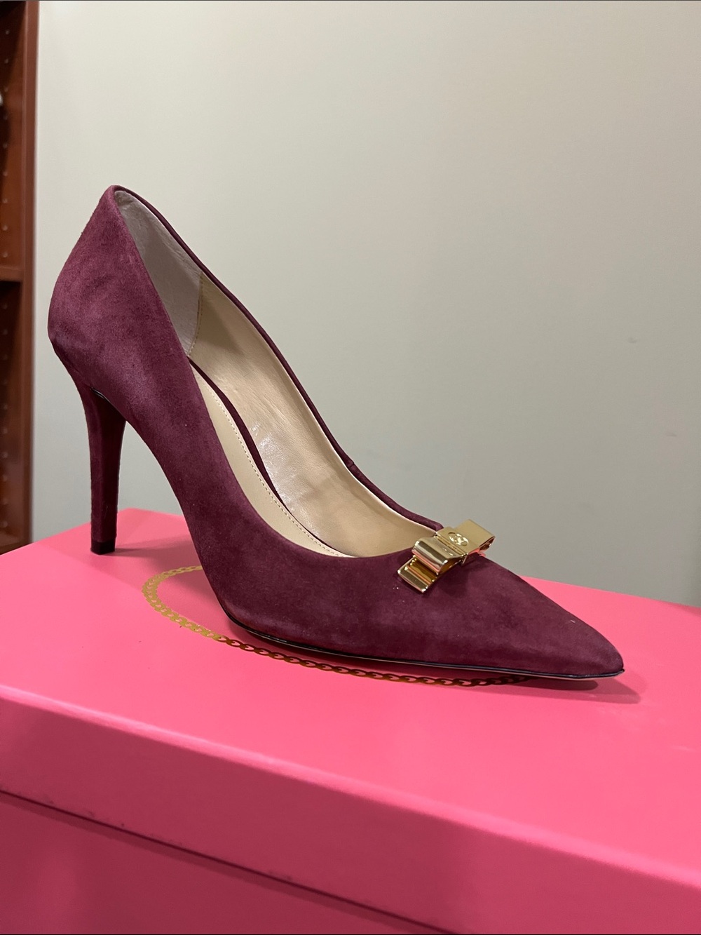 Michael Kors Wine Suede Pointed-Toe Pump with Gold Bow